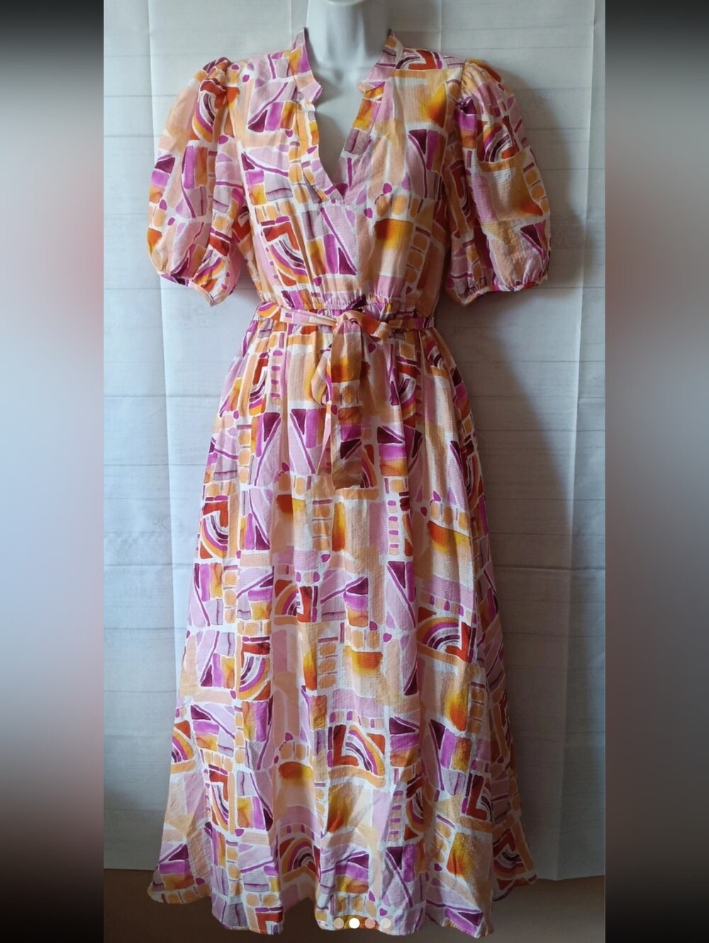 THML Vibrant Puff Sleeve Belted Midi Dress